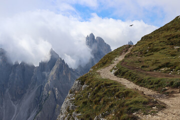 Alpine hiking path view of Cadini di Misurina mountains