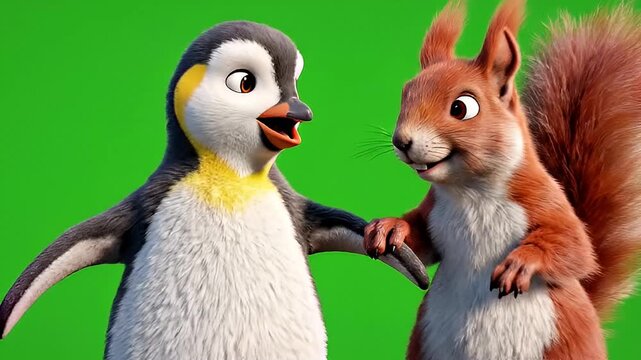 An animated penguin and a squirrel dancing together, smiling and interacting against a green screen.