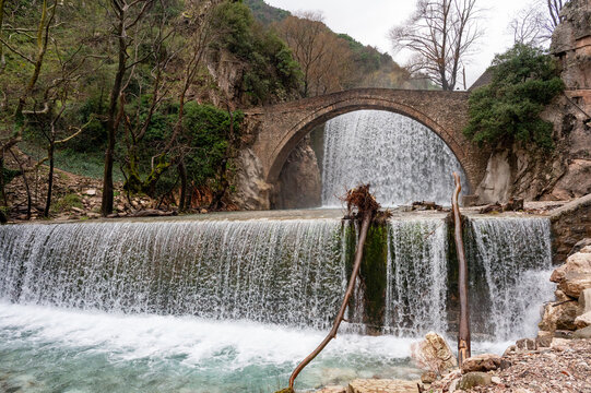 Stobe Bridge and waterfall of Palaiokarya, Greece