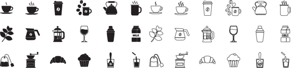 Set of Coffee, Tea, and Bakery Icons in Black Solid and Outline Vector Styles. Cafe and Beverage Collection for Mobile and Web. isolated PNG with Transparent Background