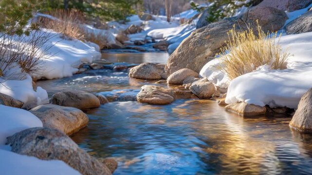 317Serene winter creek captured in golden hour light, snow and ice along edges softly illuminated, rippling water reflecting sky colors, intimate and tranquil nature scene