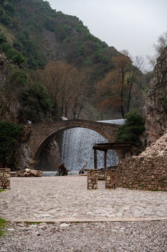 Stobe Bridge and waterfall of Palaiokarya, Greece