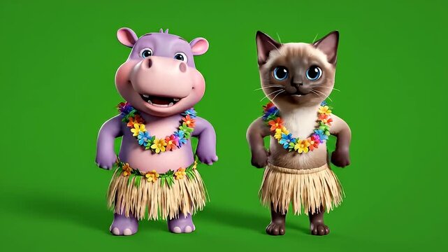 Cheerful cartoon hippo and cat characters dressed in leis and grass skirts for a fun tropical theme.