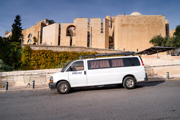 Police car in the Old City of Jerusalem, Holy Land, Israel. Police in the Middle East. © Tomasz