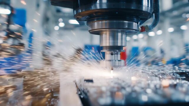 340Close-up view of CNC machinery in operation, spinning cutter carving detailed grooves, sparks flying in arcs, metallic sheen reflecting workshop lighting, high-tech industrial aest