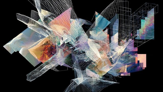 Intricate Digital Collage of Fragmented 3D Wireframe and Model Elements