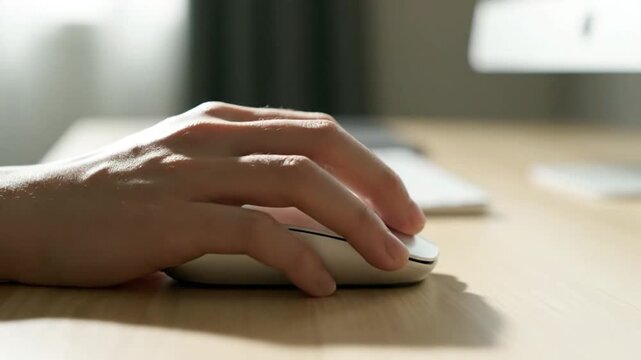 A person's hand operating a white computer mouse on a light wooden desk with a blurred background.