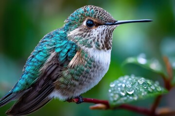 Obraz premium Hummingbird Perched on Branch with Dewdrops