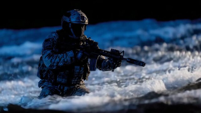 Dramatic silhouette of Navy SEAL, standing knee-deep in dark ocean water, tactical gear highlighted by faint blue lighting, horizon barely visible, underwater mission tension and a