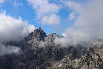 Mountain landscape of Cadini di Misurina under cloudy sky
