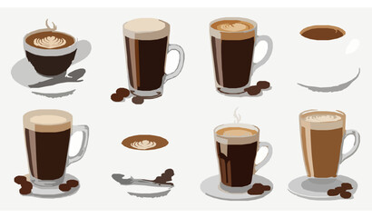 Obraz premium Realistic coffee vector illustration set with hot cups beans and cafe drinks