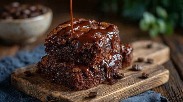 Freshly baked brownies stacked on a rustic wooden board, rich chocolate glaze shimmering under gentle light, fudgy crumbs visible, indulgent homemade dessert concept