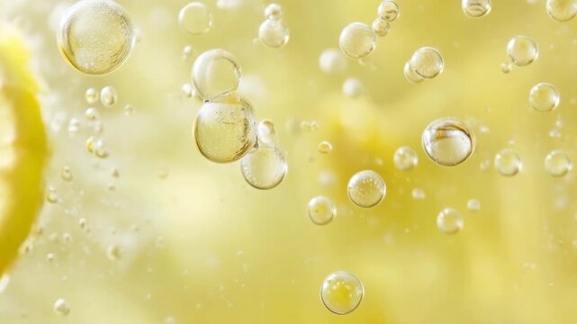 Refreshing lemonade with bubbles. The clear liquid shows a close up of the bubbles and lemon slices, conveying a sense of refreshment and vibrancy.