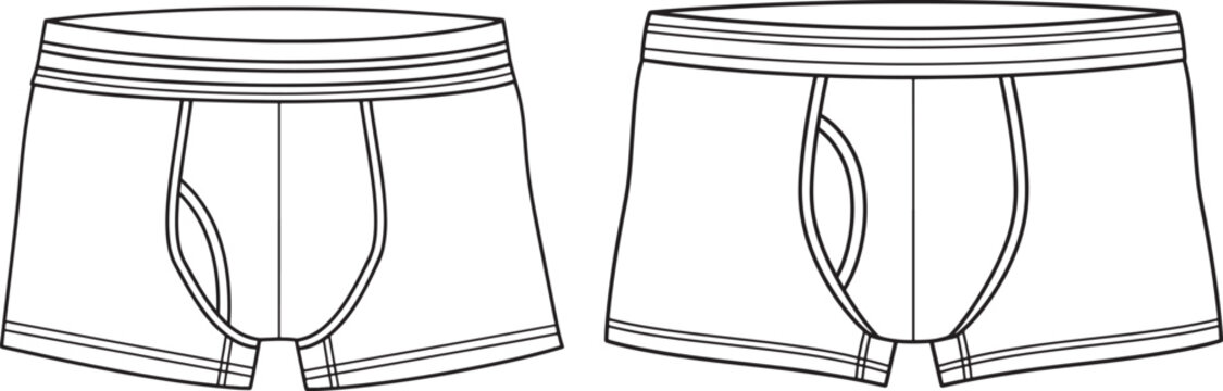 Two line art illustrations of men's boxer briefs, front and side views, showcasing underwear design and men's fashion.