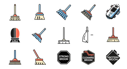 Collection of Various Broom Illustrations and Icons.