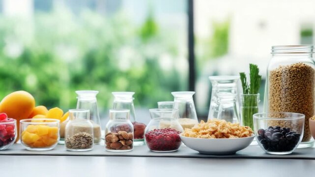 Various foods and ingredients on a table, including cereals, fruits, grains and more. Healthy food ingredients, ready to use