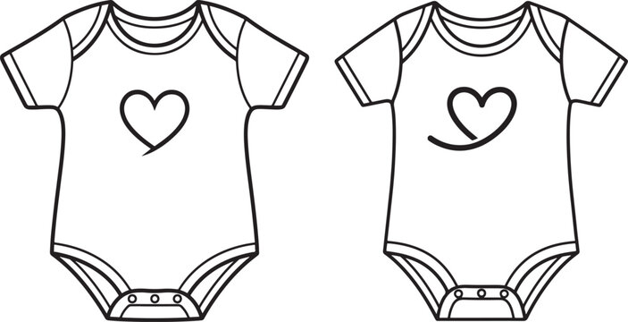 Two line art illustrations of baby onesies with hearts, representing infant clothing, love, and new beginnings.