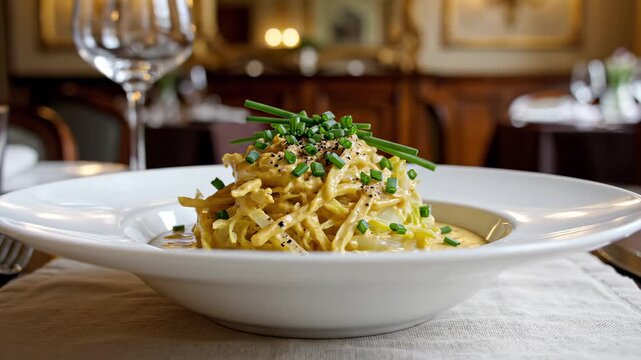 Close-up of a gourmet pasta dish, possibly cacio e pepe or alfredo with julienned vegetables, served with a creamy yellow sauce, topped with chopped chives
