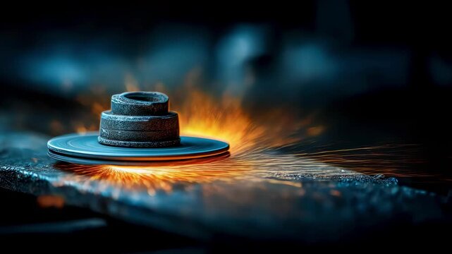 Focused image on a grinding wheel honing a flat metal part showcasing the texture and sparks with the rest of the workshop fading into a smooth bokeh effect.