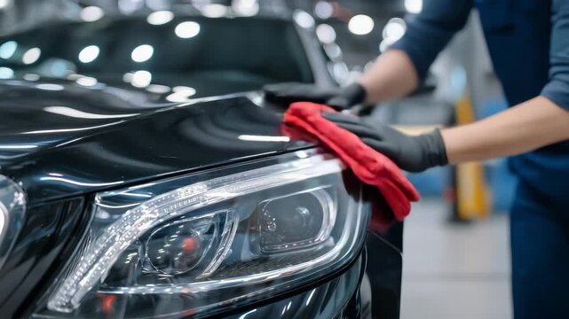 Gloved hand carefully cleaning headlight, red microfiber in motion, smooth car paint and glass reflecting low-key light, focus on professional maintenance and automotive detailing