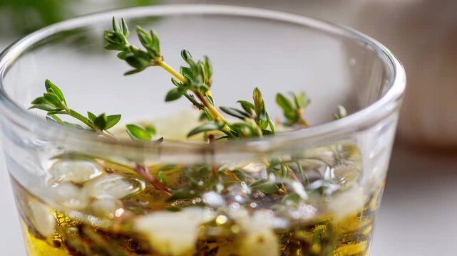Close up zoom shot of infused olive oil in a glass cup, featuring garlic and herbs