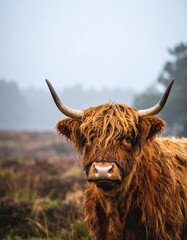 A majestic Highland cow with shaggy brown fur and impressive horns looks directly at the camera in a wet, foggy moorland setting with blurred trees in the background