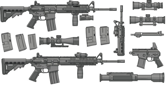 Detailed tactical rifle collection with modular assault rifles scopes magazines suppressors and military equipment accessories, vector