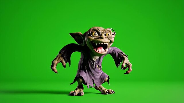 A menacing, green-skinned goblin-like creature with sharp fangs and tattered purple robes snarls on a vibrant green screen.
