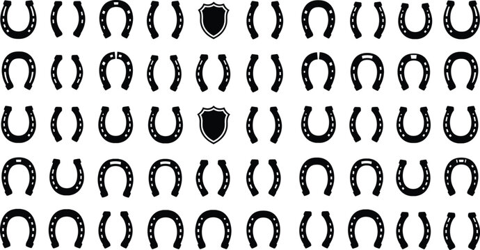 Set of white horseshoe silhouettes and shield icons on black background, equestrian pattern vector collection