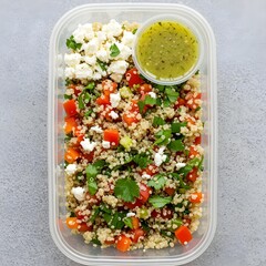 Reusable food container with salad, top view