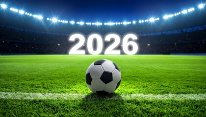 Naklejka premium Soccer Ball on Pristine Green Field with Bright 2026 illuminated in a Grand Sports Stadium