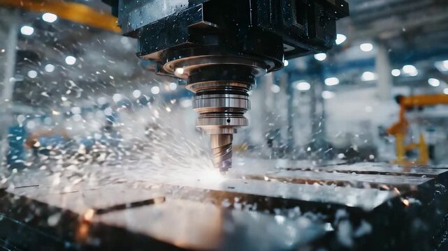 Macro shot of CNC drill working on steel, bright sparks contrasting with cold metallic surface, precise patterns emerging, technology and craftsmanship captured in cinematic detail