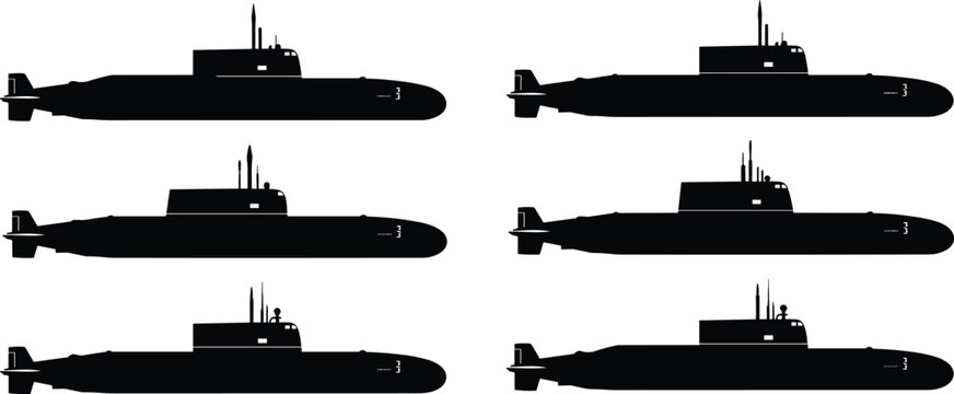 Black submarine silhouette icons set, navy underwater vessel vector illustration isolated on black background