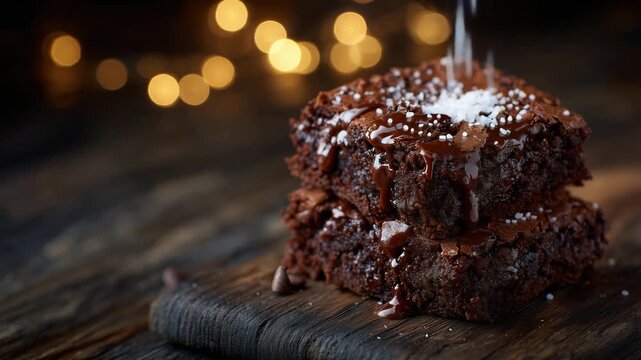 Macro-style view of stacked brownies, dense chocolate crumb and glossy top surface detailed, shallow depth of field, cozy and indulgent dessert mood