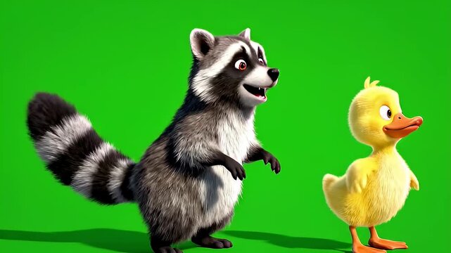 A friendly animated raccoon dancing with small yellow duckling on a bright green background.
