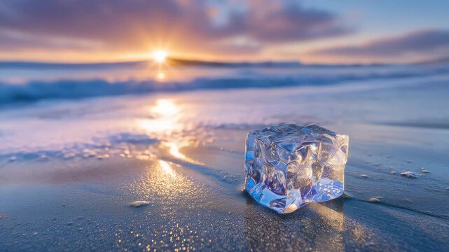 Minimalist composition of single ice cube on wet sand, glowing sunset hues reflected on its facets, subtle waves in the distance, contrast between ephemeral ice and warm evening li