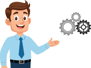 Friendly businessman character in office attire pointing to mechanical gears symbolizing process management and business solutions.