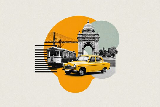 Abstract collage featuring iconic Kolkata elements including a yellow taxi, tram, and the India Gate, layered with vibrant colors and geometric shapes