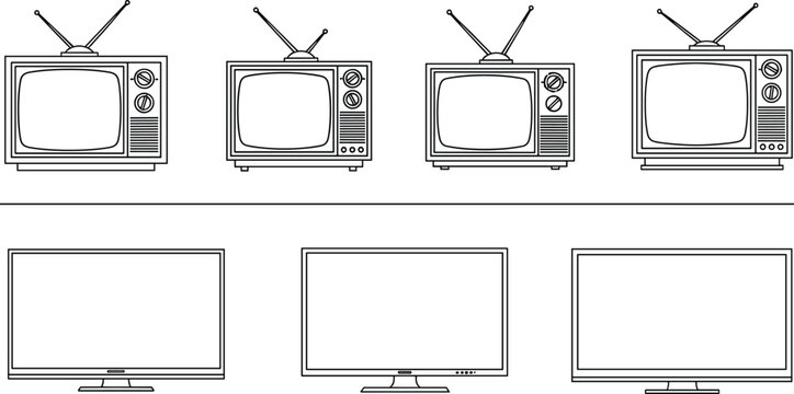 Set of retro vintage television icons and modern flat screen monitors vector, technology evolution display,