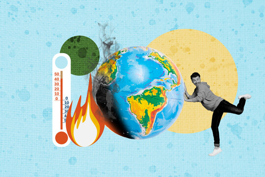 Trendy art creative full photo collage of happy guy push globe icon map fire burn high temperature world damage volunteer problem
