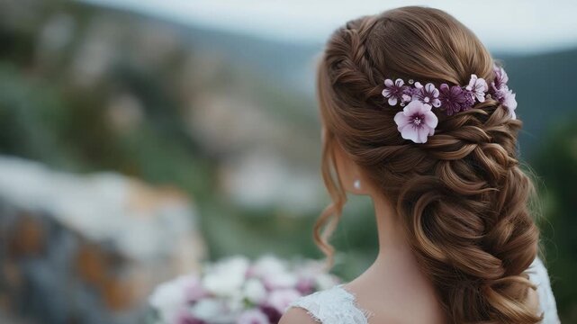 Soft and romantic bridal hairstyle, combination of braids and delicate flowers, subtle highlights, textured curls cascading, styled for wedding photography and elegant events