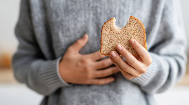 Person feeling stomach discomfort, holding a bitten slice of bread, concept of gluten intolerance or indigestion