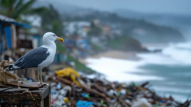 Symbolic environmental image of a seagull watching a polluted coast, debris-filled shoreline stretching into the distance, soft haze and overcast lighting creating a reflective moo