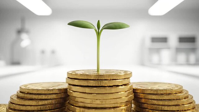 Cinematic 3D macro of a green sprout rising from a stack of gold coins, symbolizing sustainable investment, financial growth, and eco-friendly business success in a clean laboratory setting.