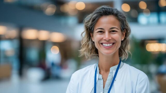 Warm and inspiring image of a smiling healthcare worker, professional attire, hospital setting with subtle depth of field, calm colors emphasizing care, empathy, and dedication