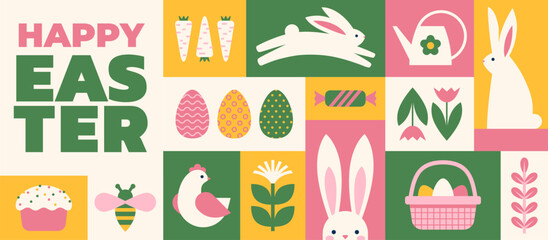 Happy Easter horizontal greeting card or banner design with grid pattern. Easter bunny and spring symbols illustration. © maglyvi