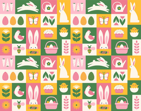 Colorful grid seamless pattern with Easter and spring symbols. Festive geometric rectangular background, wrapping paper, print, textile or fabric design. Cute bunny illustration.