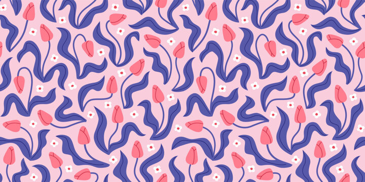 Cute elegant seamless pattern with pink tulip flowers. Spring floral background, wrapping paper design, repeated print for fabric and textile.