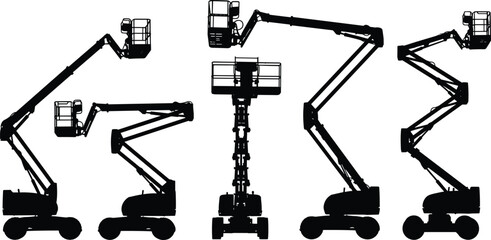 Aerial work platform silhouette set showing boom lift cherry picker hydraulic access equipment construction maintenance machinery black industrial illustration isolated on white © Akaza