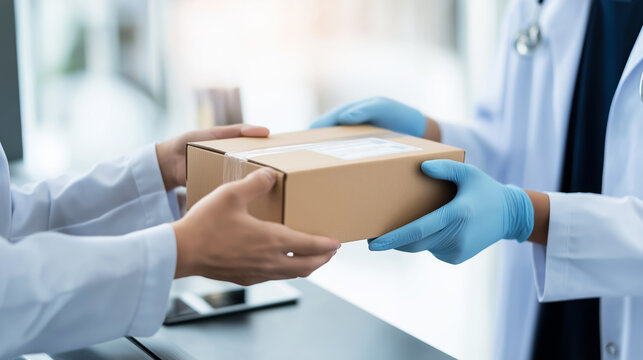 Healthcare workers exchanging a medical package, emphasizing safe delivery, pharmaceutical logistics, and medical product distribution